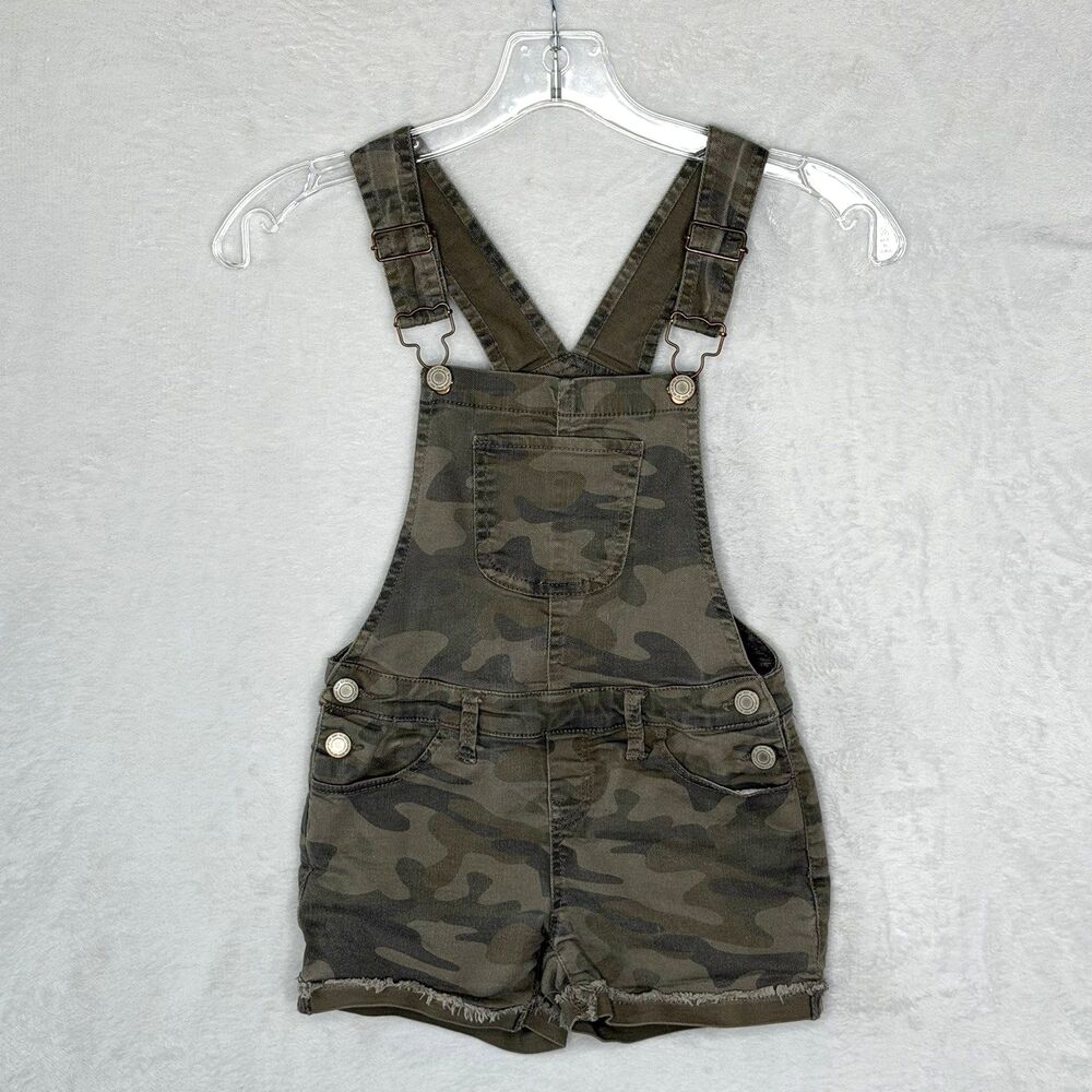 SO Girls Camouflage Green Denim Shortalls Overalls Size 7 Adjustable Straps
